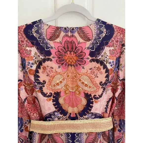 Zimmermann Laurel Billow Belted Puff Sleeve Midi Linen Dress Pink Purple - Picture 11 of 16